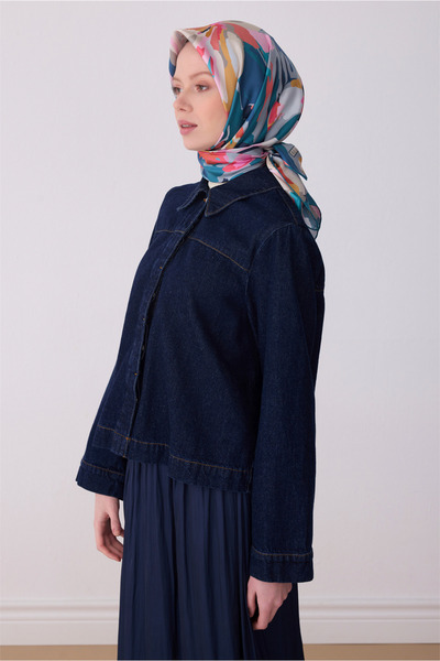 Belli Eșarfă verde petrol cu model floral multicolor 100% twill mătase 4315-82