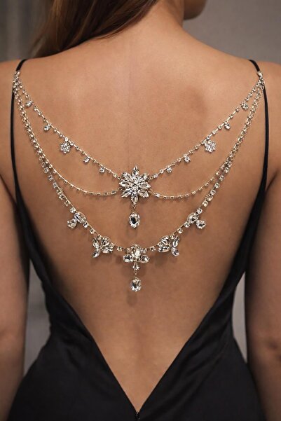 TAKIŞTIR Gümüş Renk Taş Detaylı Sırt Dekoltesi Aksersuarı Tasarım Vücut Aksesuar