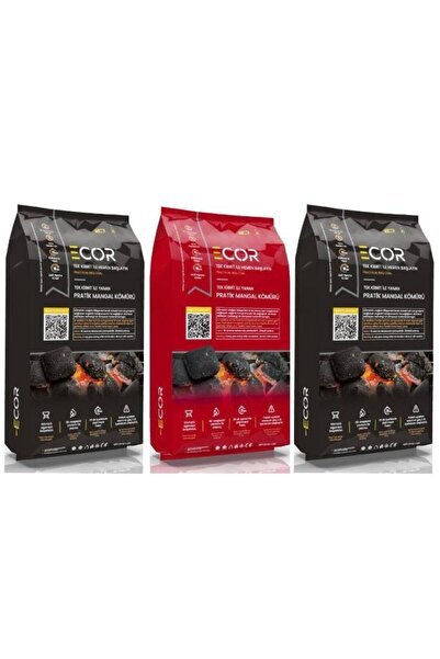 Ecor Tek Kibrit ile Yanan Pratik Mangal Kömürü 1,5 kg x 3 Adet