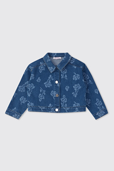 Panço Kız Bebek Çiçek Desenli İndigo Kot Ceket