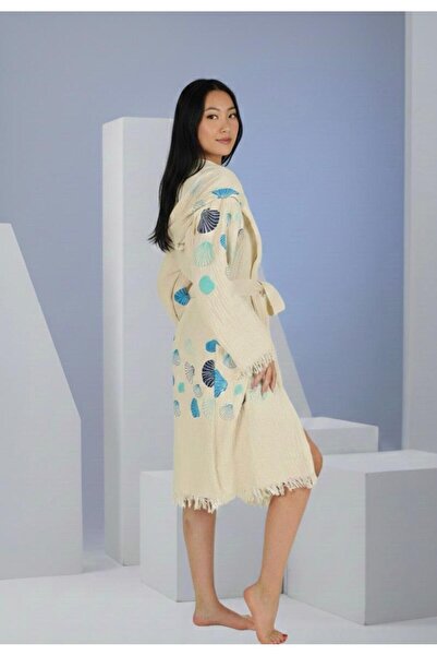 tarzQeen peştemal bambu müslin kapşonlu bornoz mavi deniz kabuğu