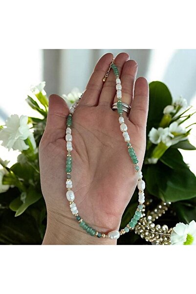 Ezera Elegant Choker Lana from Green Jade and Pearls with Gold Plated Silver ...