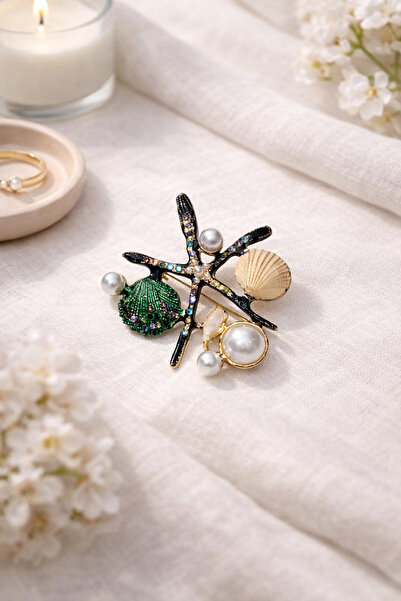 İZEV Deniz Yıldızı Figürlü İncili Broş