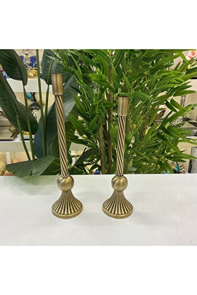 goldhomedesign Dekoratif Metal 2’Li Şamdan Eskitme