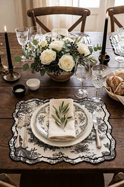 decofav Tableau Gri Toile Desenli Nakışlı Amerikan Servis 2 Adet