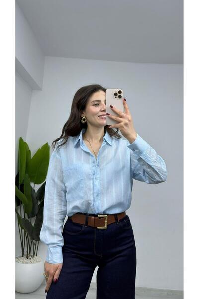 TUNAM BUTİK 8396 Silver Glitter Detailed Transparent Shirt Baby Blue