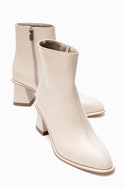 LuviShoes ALBA Ekru Cilt Kadın Kalın Topuklu Bot