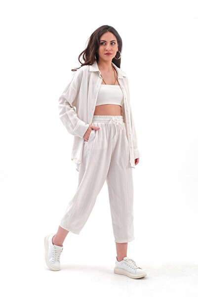 VELİZADE Women's Ecru Lace-Up Waist Wide-Leg Linen Shirt Pants Double Set Ove...