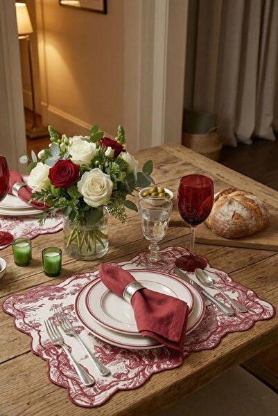 decofav Tableau Bordo Toile Patterned Embroidered American Service Set 2 Pieces