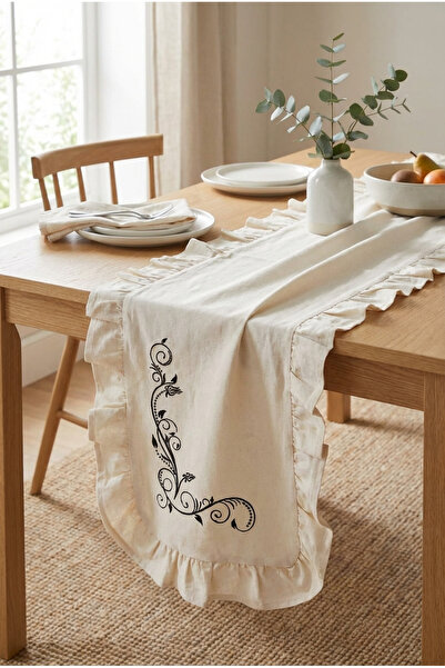 YUNUSOĞLU HOME Embroidered Ruffled Table Runner 40X120 cm – Stylish Decorativ...