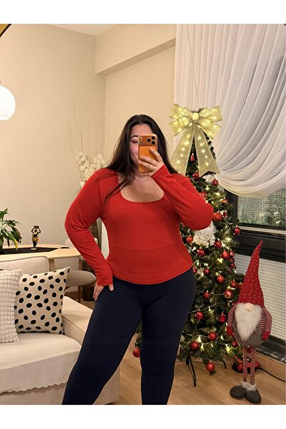 PASTEL BUTİK Square Neck Modal Blend Blouse - Red