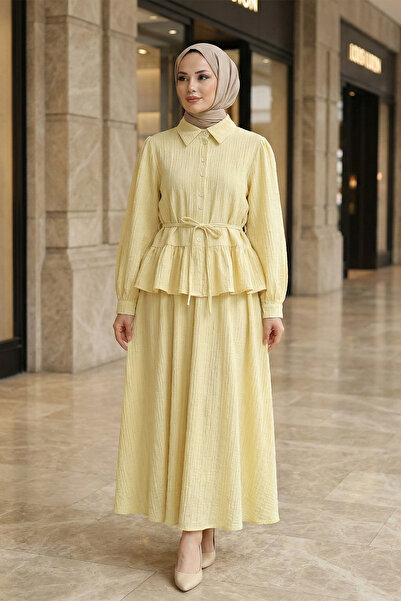 FERHEL Women's Blouse Skirt Ruffled Buttoned Waist Tie Blouse Skirt Set - Yellow