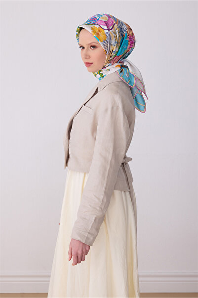 Belli Eșarfă Baby Blue cu model multicolor 100% twill mătase 4324-31