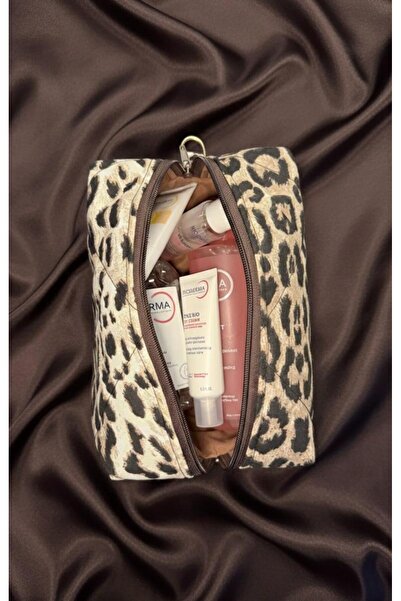 BERN6 Makyaj Çantası Leopar Desenli Orta Boy