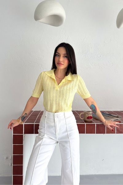 Noi Belis Polo Collar Perforated Knitwear Blouse Ss26Bz0008