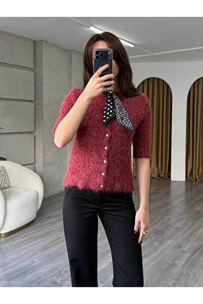 Coral Fularlı Düğmeli Kısa Hırka 3193 Bordo