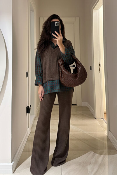 SHILSEE BEUTİQUE Women's Brown Green Plaid Shirt and Detailed Knitted Pants Set