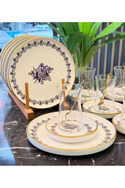 Onedekor 18 Piece Modern Regaria Purple Flower Cake Tea Time Set