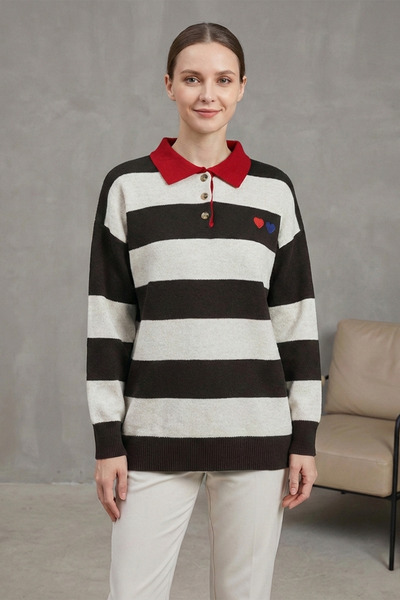 FERHEL Women's Shirt Collar Buttoned Heart Embroidered Knitwear Sweater - Dar...