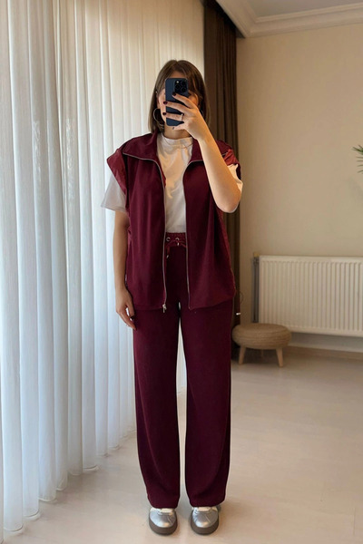 Kubos Moda Burgundy Vest and Trousers Set with Elastic Waist and Zipper