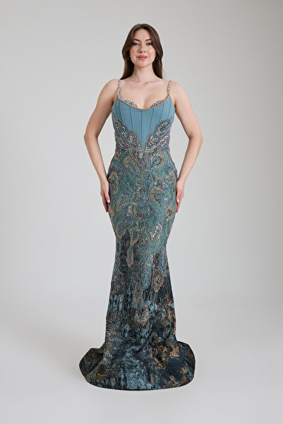 ROJBEY KADIN ABİYE ASKILI BROKAR TAŞLI KUMAŞ BALIK ŞIK ELBİSE