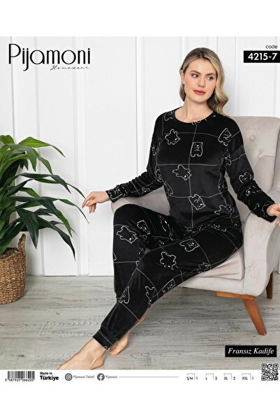 Pijamoni Soft French Velvet Bear Patterned Black Pajama Set