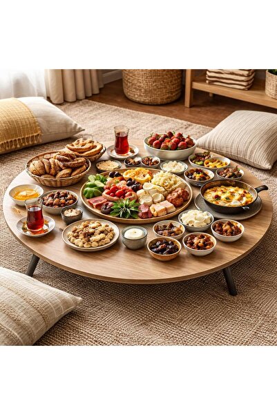 MAVİ TREND 60 Cm Çap - Ahşap Kaplama Katlanabilir Yer Sofrası - Oyun Masası -...
