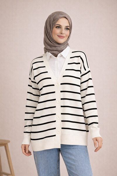 FERHEL V-Neck Horizontal Striped Buttoned Knitwear Cardigan - Ecru