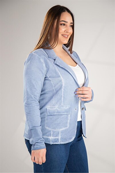 Roxxlen Kadın Büyük Beden Önü Düğmeli Ceket Mavi