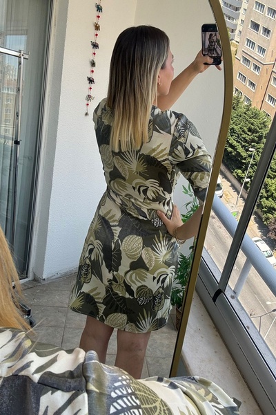 Mivida Rochie cu mâneci scurte kaki cu guler dublu și talie cu șnur