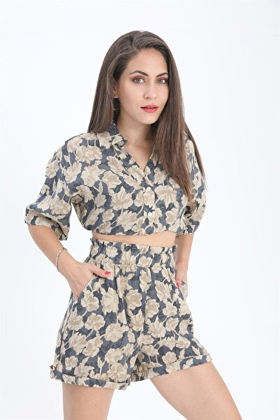 VELİZADE High Waist Elastic Waistband Vintage Navy Blue Floral Tencel Fabric ...