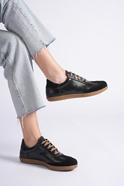 ANALİN SHOES Women's Genuine Leather Lace-Up Sneakers with Suede Detail - Black