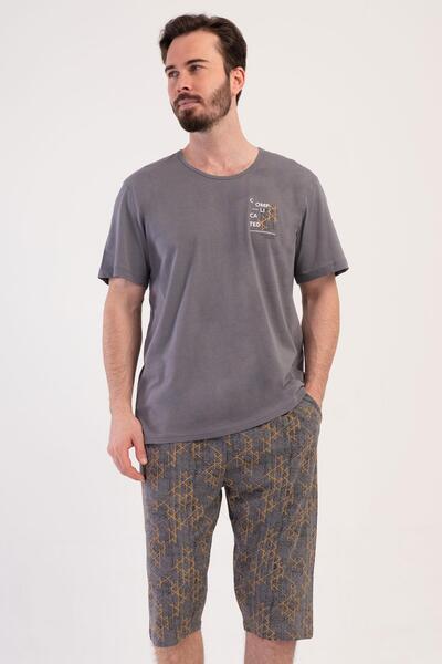 VİENETTA Men's Short Sleeve Smoked Capri 100% Cotton Pajama Set C7T6N1804