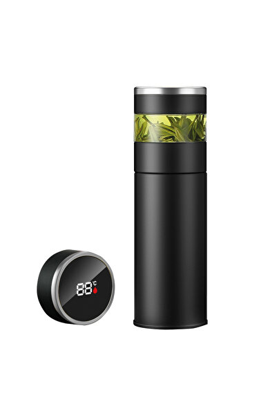 MERCAN PROMOSYON Akıllı Dijital Göstergeli ve Cam Demlikli Siyah Çelik Termos...