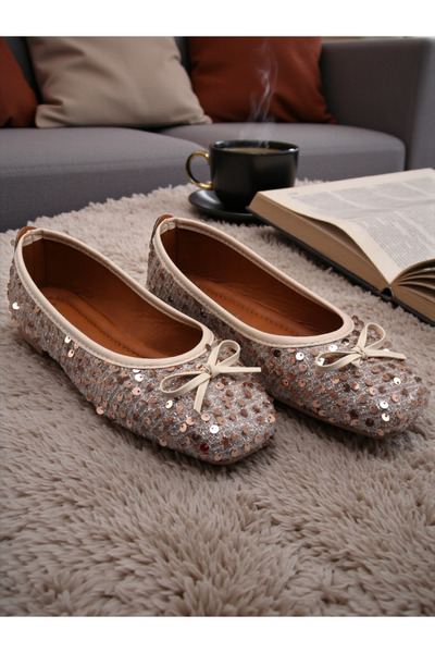 HFKY حذاء باليه نسائي مزين بالترتر والفيونكة للاستخدام اليومي