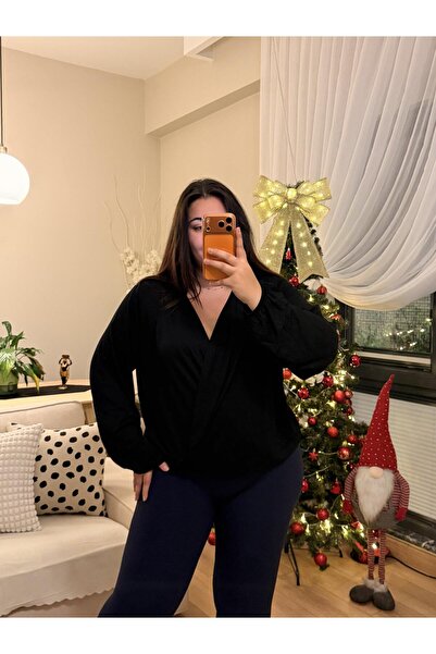 PASTEL BUTİK Μπλούζα με διπλό γιακά, ελαστική, από μείγμα μοντάλ - Μαύρη