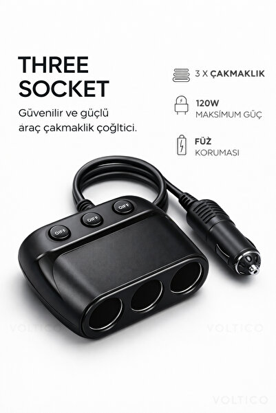Voltico 3’lü Araç Çakmaklık Çoğaltıcı 120W – Sigortalı Güvenli Çakmaklık Spli...