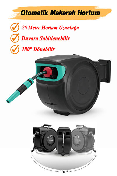 Badem10 Makaralı 25 Metre Duvara Monteli 180° Döner Hortum Seti Bahçe Su Hort...