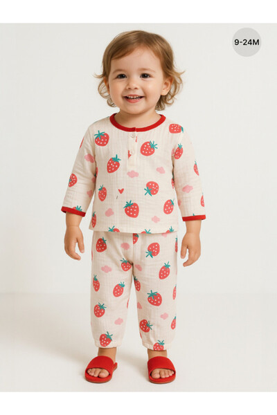 Victor and Jane Baby Girls Muslin Cotton Pyjama Set – Pink Strawberry Print