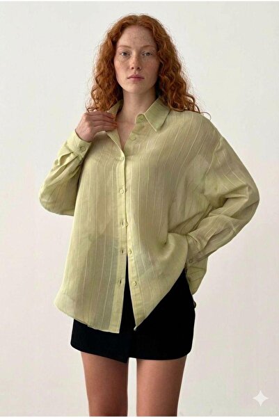 TRİNİTY Kadın Çizgili Oversize Gömlek - Yeşil