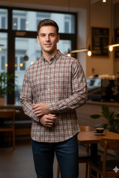 COOL TARZ Men's Brown Plaid Slim Fit Shirt Long Sleeve Cotton Daily & Casual ...