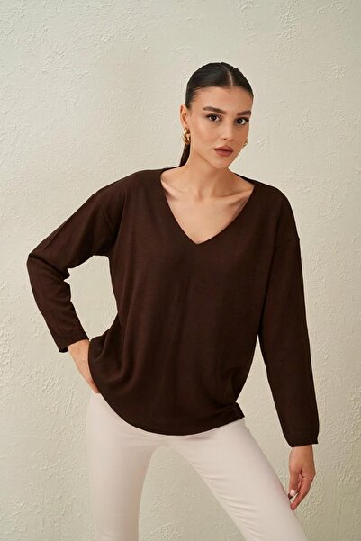 TENA Women's Brown V-Neck Casual Knitwear Sweater