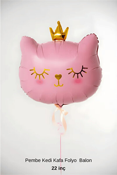 Bunloon Taçlı Pembe Kedi Kafa Folyo Balon Doğum Günü Parti Süsleme