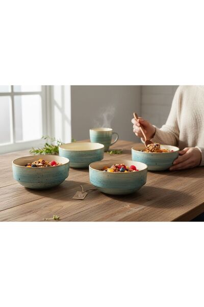 Lia Porselen 4'lü Granola ve Salata Kase Seti 14 cm - Mavi Reactive