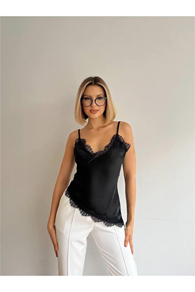 Coral Tül Detaylı Askılı Saten Bluz 20030 Siyah