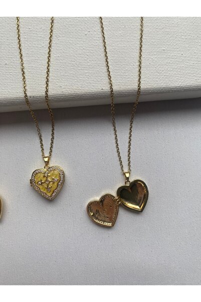 COLLECTİON Kalpli gold detaylı taşlı kapaklı madalyon anı kolyesi fotoğraf ko...