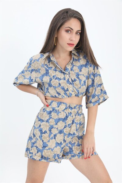 VELİZADE High Waist Elastic Waistband Vintage Blue Floral Tencel Fabric Short...