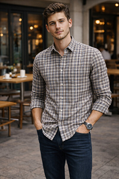 COOL TARZ Men's Mink Plaid Slim Fit Shirt Long Sleeve Cotton Daily & Casual S...