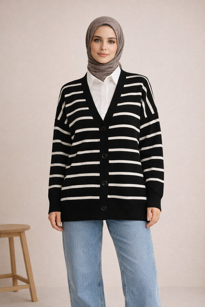 FERHEL V-Neck Horizontal Striped Buttoned Knitwear Cardigan - Black