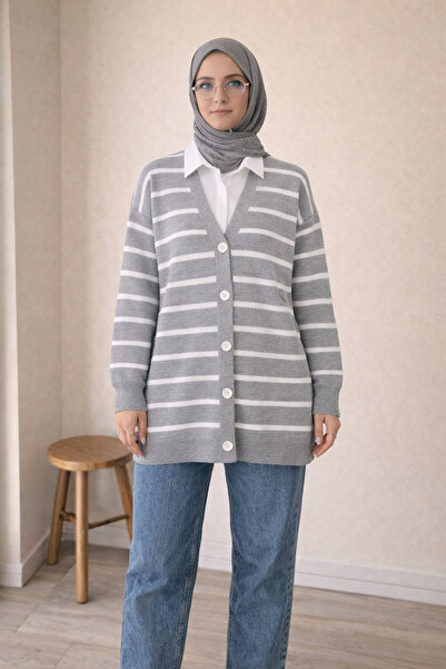 FERHEL V-Neck Horizontal Striped Buttoned Knitwear Cardigan - Gray